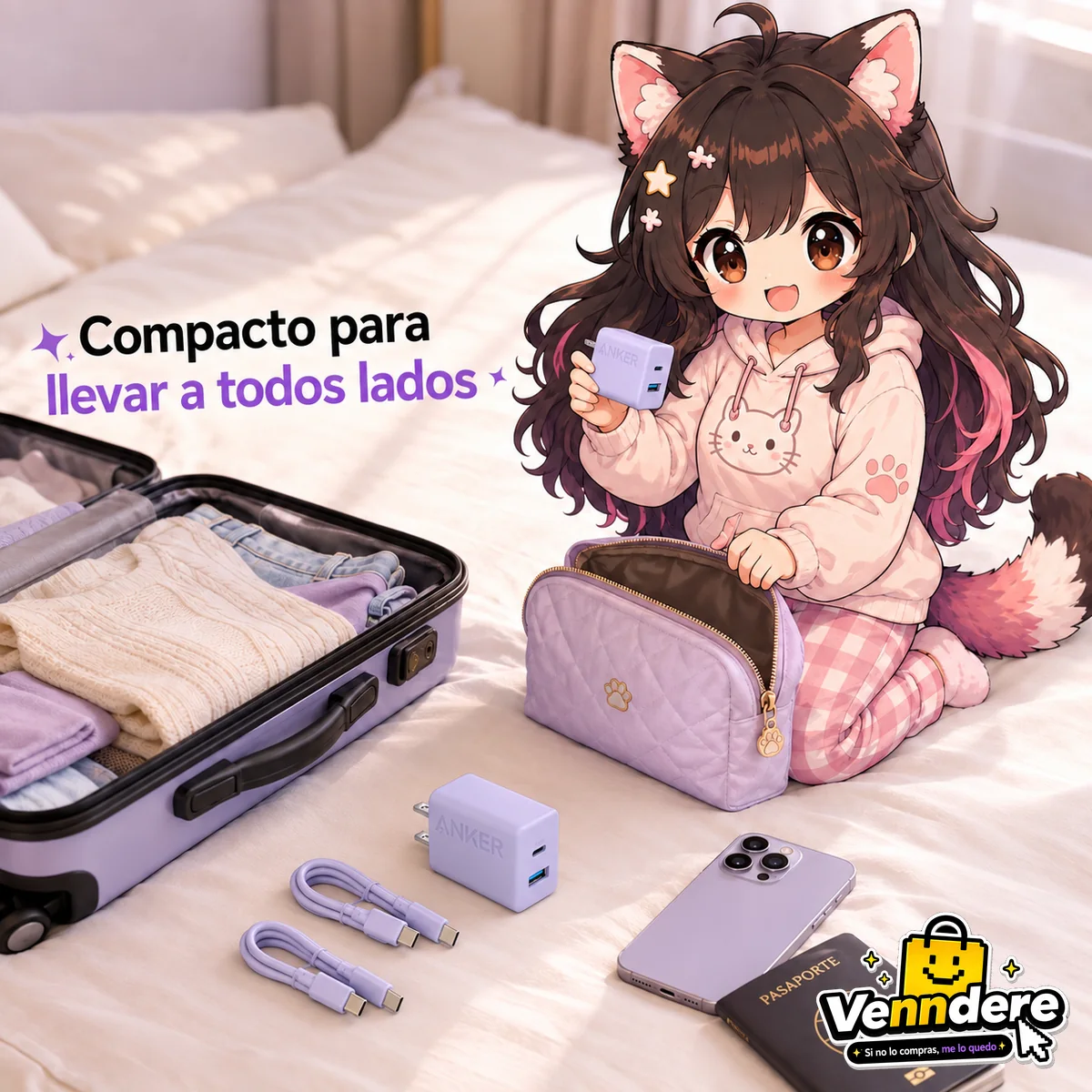 Mascota de Venndere preparando dos cargadores Anker morados y sus cables USB-C para llevar de viaje