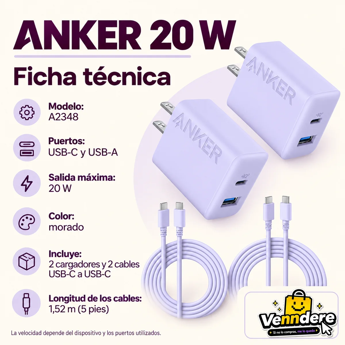 Ficha técnica en español del Anker A2348 de 20 W, con dos puertos y paquete de dos cargadores y dos cables