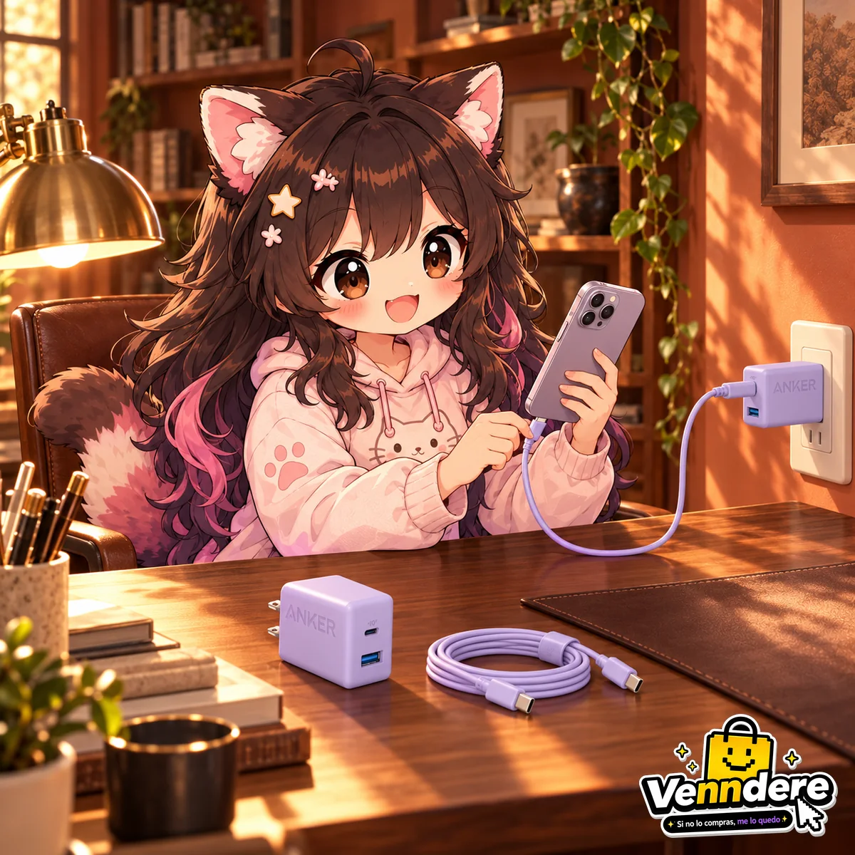 Mascota de Venndere conectando su teléfono al cargador Anker en el Estudio