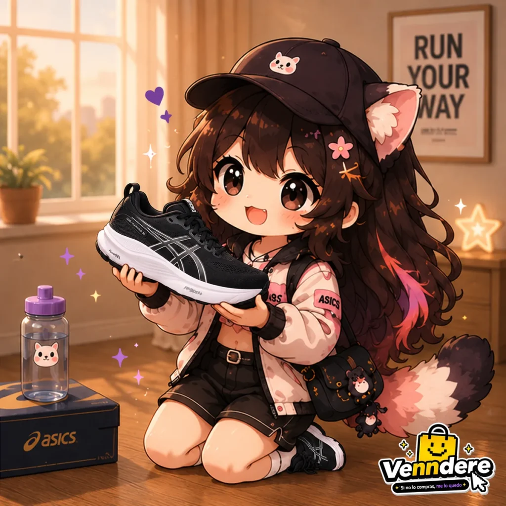 Mascota de Venndere mostrando una zapatilla ASICS GEL-KAYANO 32 negra y blanca