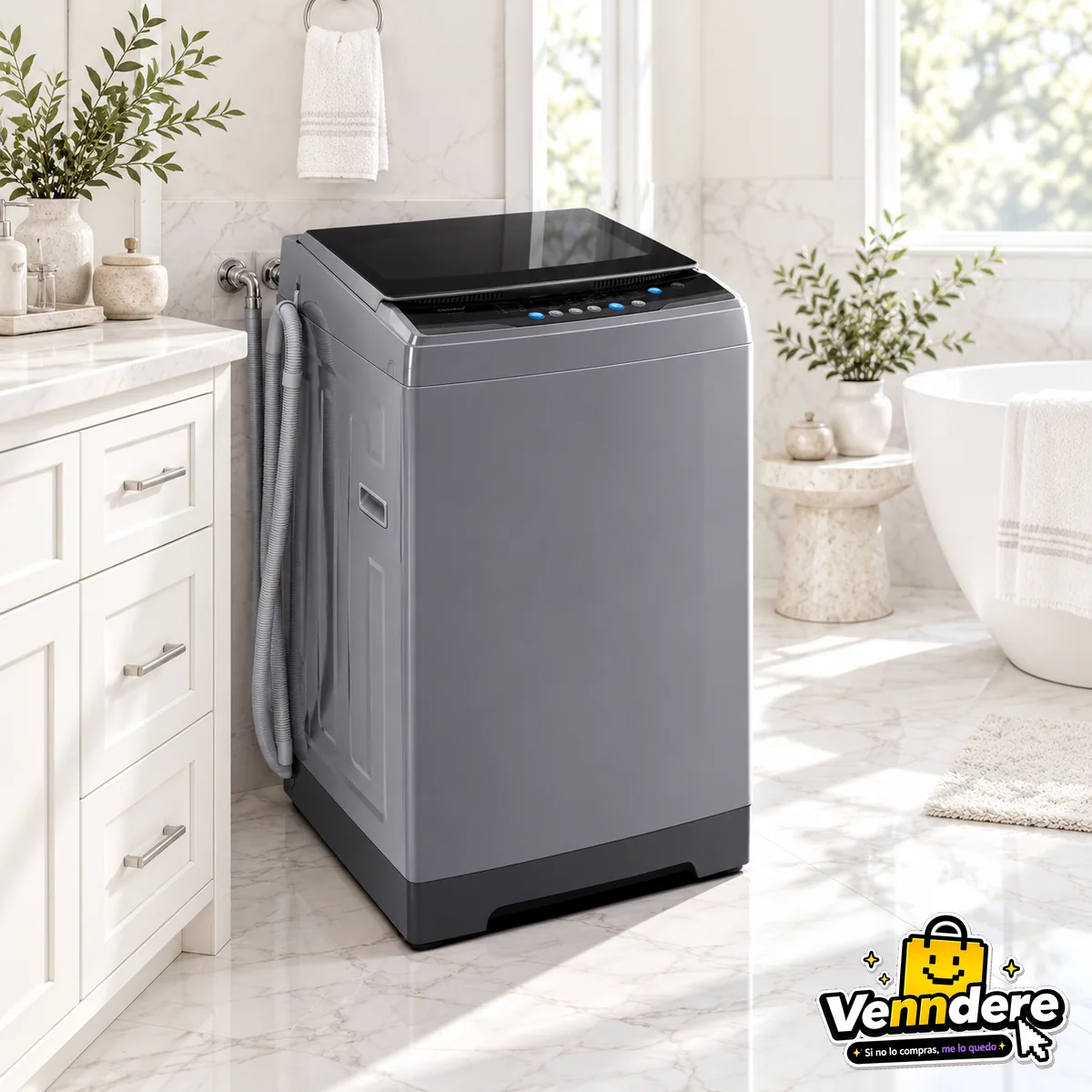 Lavadora portátil COMFEE ambientada en el baño