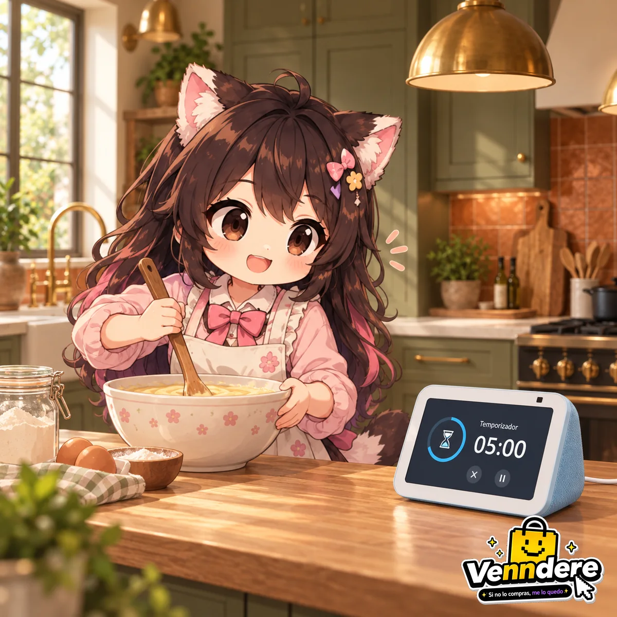Mascota de Venndere preparando una receta con un temporizador en la pantalla