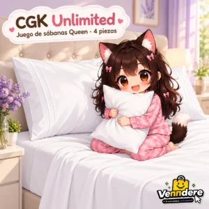 Mascota de Venndere interactuando con sábanas CGK Unlimited Queen blancas