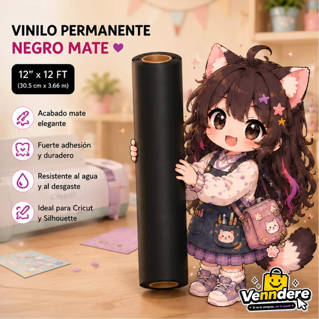 Mascota de Venndere mostrando el rollo de vinilo adhesivo Lya Vinyl negro mate para manualidades