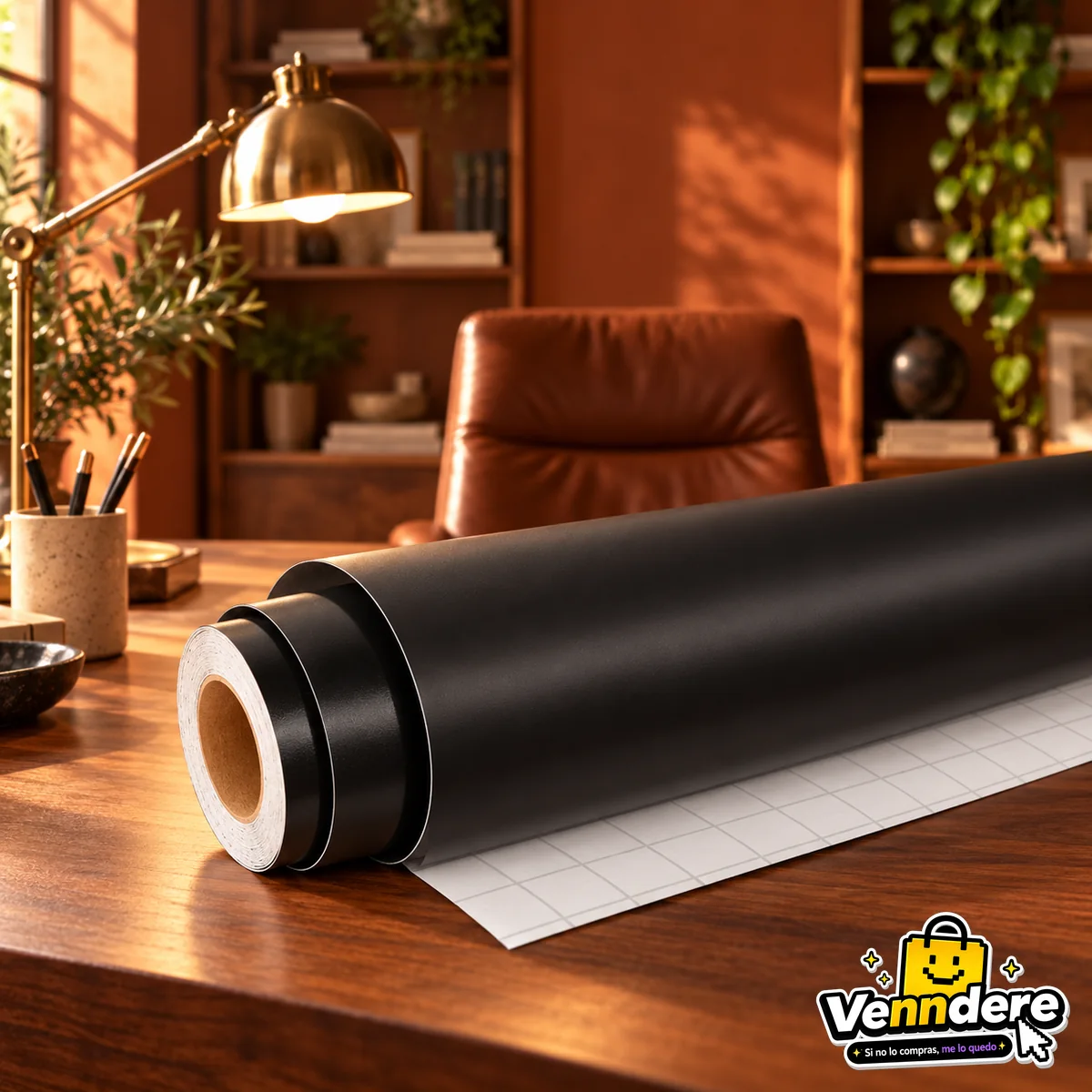Rollo negro de Lya Vinyl sobre el escritorio de madera del Estudio, con luz cálida y herramientas de trabajo