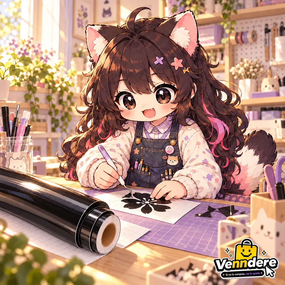Mascota de Venndere retirando el sobrante de un diseño floral recortado en vinilo negro Lya Vinyl