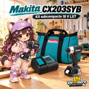 Mascota de Venndere interactuando con kit Makita CX203SYB de 18 V LXT