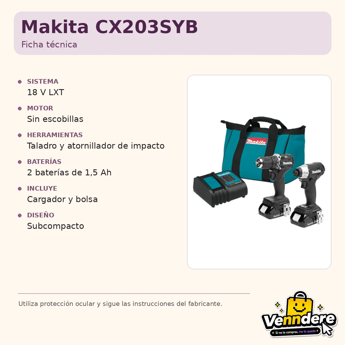 Ficha técnica en español de kit Makita CX203SYB de 18 V LXT