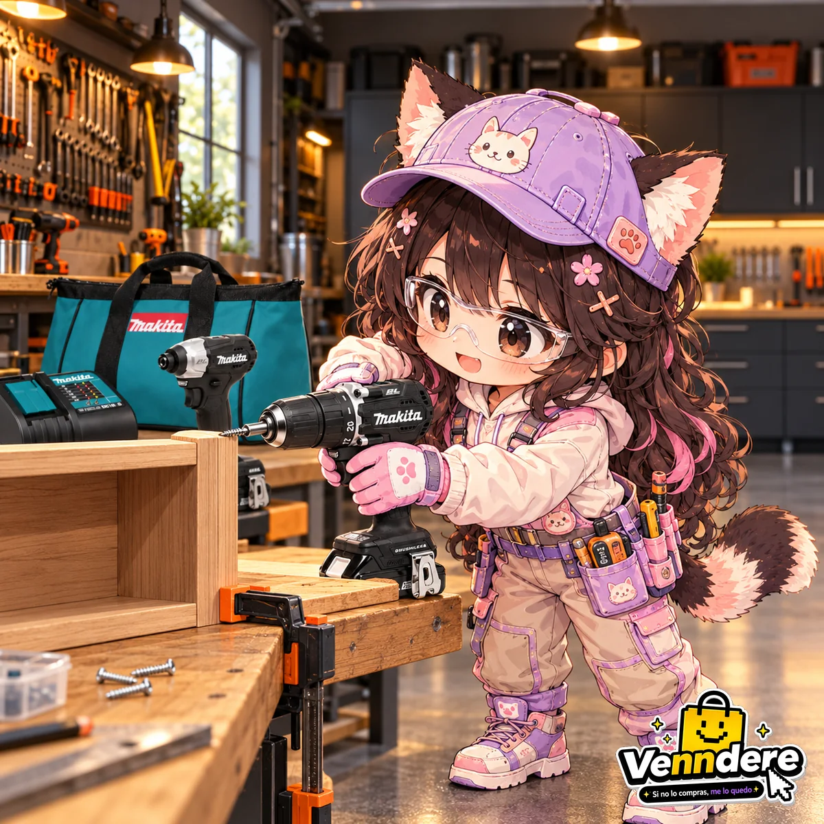 Mascota de Venndere utilizando el taladro para montar una pequeña repisa