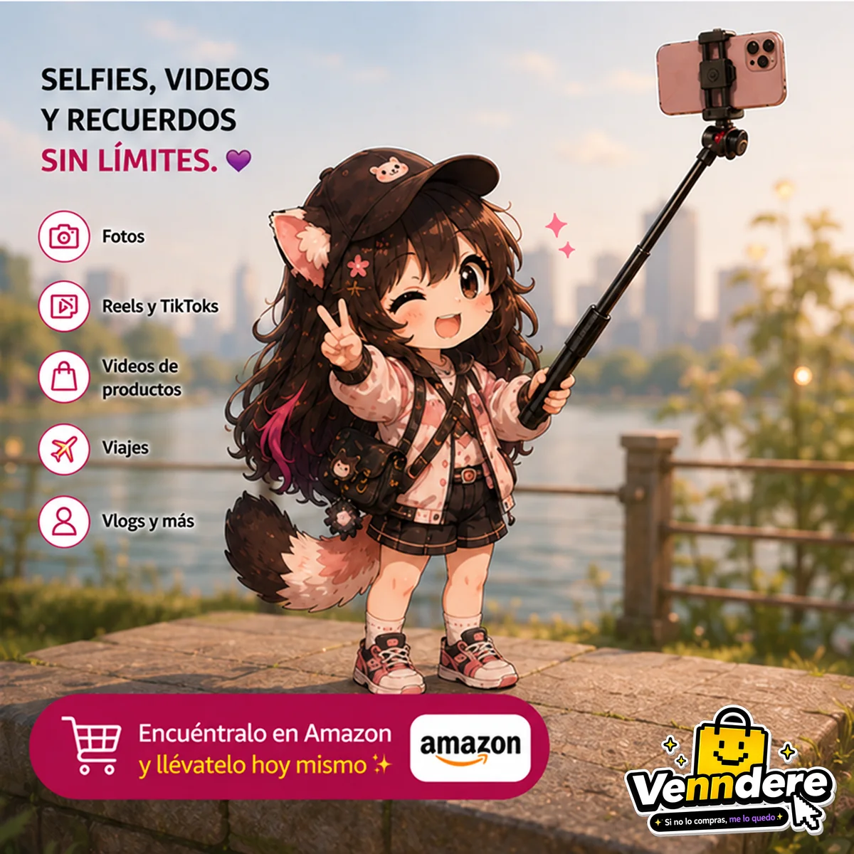Portada Venndere: la mascota usando el Ulanzi MT-16 como selfie stick