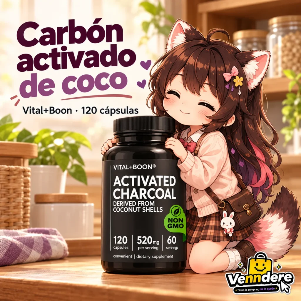 Mascota de Venndere interactuando con Vital+Boon de carbón activado de coco