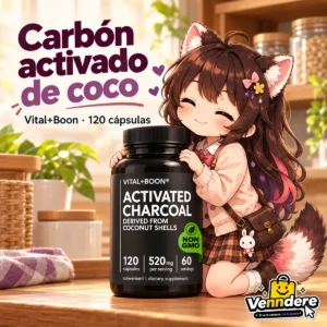Mascota de Venndere interactuando con Vital+Boon de carbón activado de coco